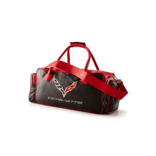 Bolso de Viaje de Cuero Corvette C7 con Logo de Banderas Cruzadas C7 (Negro y Rojo)