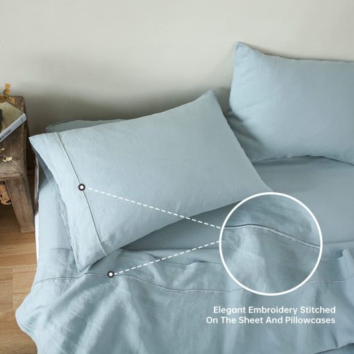 Juego de sabanas de lino Simple&Opulence 100% con bordado lavado - 3 piezas (1 sabana plana y 1 sabana ajustable y 1 funda de almohada) Flax natural suave ropa de cama transpirable estilo casa de campo - Azul Polvoriento, Tamano Twin - Imagen 5