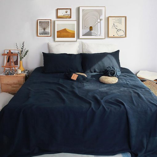 Juego de sabanas de lino frances natural organico al 100%, certificado GOTS, lujoso y suave lavado de piedra, 3 piezas de sabanas para cama (Azul Marino, Individual)