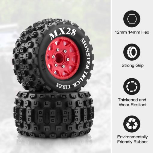 Neumaticos GLOBACT MX28 2.8" para Camiones RC a Escala 1/10 con Llantas con Hexagono de 12 mm y 14 mm Reemplazables para ARRMA Big Rock Granite VORTEKS 3S TRAXXAS Stampede Rustler (4PCS) - Imagen 3