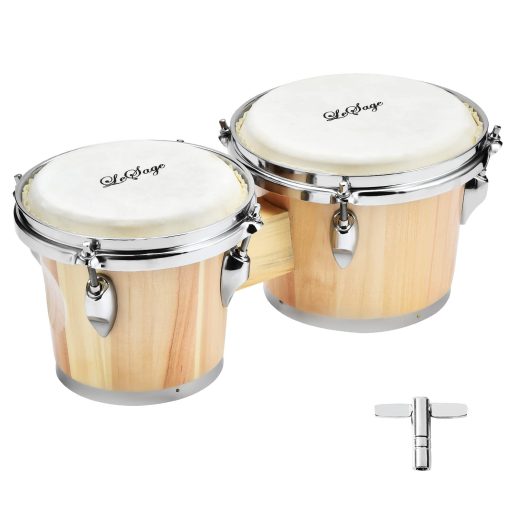 Bongos LeSage para Ninos y Adultos Principiantes 7 y 8 Pulgadas Set de Bongo de Madera Natural Cabeza de Piel Real con Llave de Afinacion Bateria Bongo