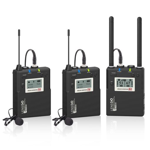Microfono de solapa inalambrico LENSGO, microfono de solapa omnidireccional profesional UHF 338C Dual Transmitter con alcance de 150m para camara DSLR, smartphone y grabacion de video