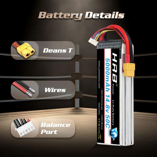 Bateria Lipo HRB 4S 5000mAh 14.8V 50C XT60 RC Bateria Compatible con Helicoptero Avion Coche Barco Camion - Imagen 2