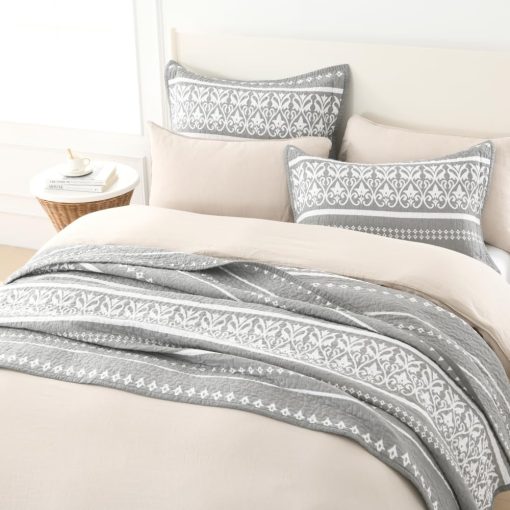Juego de Colcha Boho Cinefoso, Colcha Queen Size 100% Algodon Gris Juego de Colcha Bohemio con Estampado de Rayas Cubrecama Reversible Conjunto de Ropa de Cama Ligera para Todas las Estaciones, Gris 3 Piezas - Imagen 4