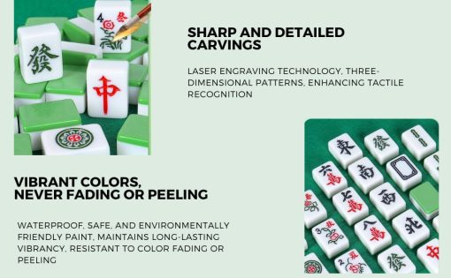 Juego de Mahjong Chino AzulHome, 144 Azulejos Numerados de 40 mm (1.6") Grandes de Melamina con 4 Dados, 80 Fichas de Poker y una Bolsa de Almacenamiento, Juego Completo de Azulejos de Mahjong Grande Tradicional, Majiang, Verde, Grande - Imagen 7