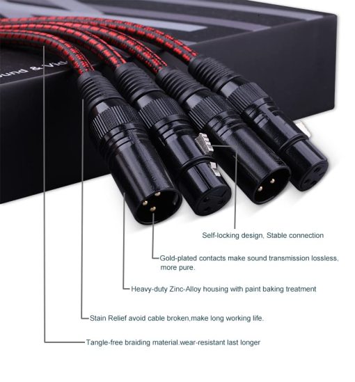 Cable XLR Wekuant, Pack de 2 Cables de Microfono de 6.5FT, Cable de Microfono Balanceado XLR Macho a Hembra de 3 pines, Cable de Microfono Corto con Contactos Dorados - Imagen 2