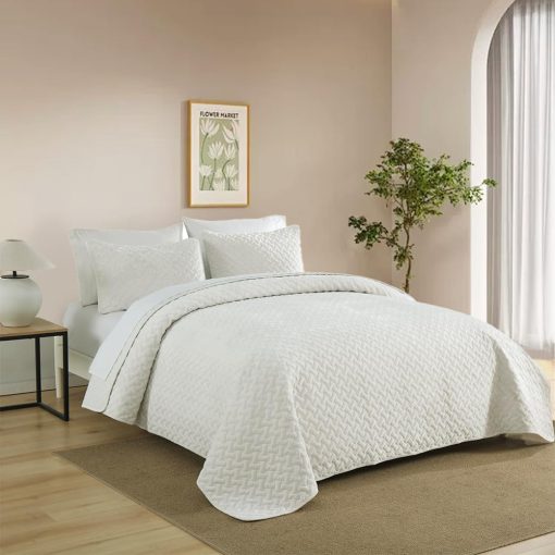 Juego de Edredon de Terciopelo Liians, Conjuntos de Ropa de Cama de Lujo, Elegante Ultra Suave Edredones de Terciopelo, Mantas, Colchas con Patron de Tejido Acolchado para Todas las Estaciones, Blanco, Tamano Queen - Imagen 2
