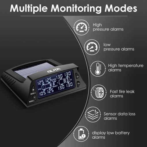 Sistema de Monitoreo de Presion de Neumaticos Solar GUTA para RV - Sistema de Monitoreo de Presion de Neumaticos con 6 Sensores Externos (0-188 PSI), TPMS para RV, Pantalla LCD, Modo de Suspension, Monitoreo de Presion en Tiempo Real, Energia Solar - Imagen 3