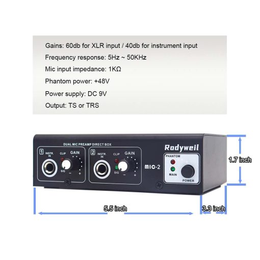 Rodyweil Preamp de Microfono Booster de Microfono 4 Entradas Max 65db DI Box con Phantom Power de 48V para Microfono Dinamico y de Condensador - Imagen 6