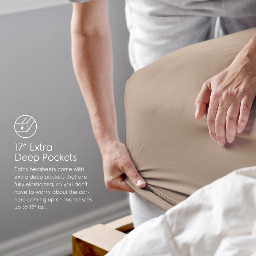 Juego de sabanas para cama individual Tafts 100% viscosa derivada de bambu, bolsillos profundos de 17 pulgadas, suaves, sedosas, frescas sabanas, doblemente cosidas, promesa de calidad de por vida (Beige) - Imagen 4