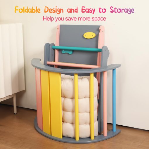 Set de Triangulo Pikler con Cojin, 7 en 1 Juguetes de Escalada para Ninos Pequenos en Interiores, Set de Escalada Plegable Montessori, Juguetes de Madera para Ninos Pequenos 1-3 Anos con Rampa, Arco y Escalera (Arcoiris con Azul) - Imagen 2