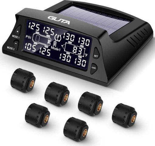 Sistema de Monitoreo de Presion de Neumaticos Solar GUTA para RV - Sistema de Monitoreo de Presion de Neumaticos con 6 Sensores Externos (0-188 PSI), TPMS para RV, Pantalla LCD, Modo de Suspension, Monitoreo de Presion en Tiempo Real, Energia Solar
