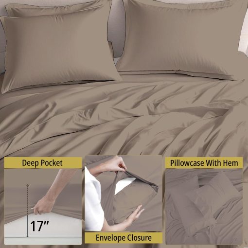 Conjunto de Sabanas Marina Shades Twin Taupe 4 Piezas Juego de Cama Tamano Twin 1000 Hilos 100% Algodon Egipcio Sabana Plana, Ajustable y 2 Fundas de Almohada Set de Cama de Hotel que Refresca Ajuste para Colchon de Bolsillo de 17 Pulgadas - Imagen 5