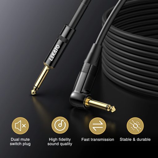 Cable de Guitarra LEKATO con Boton de Silencio, Cable de Audio de Guitarra de 20 pies para Guitarra Electrica, Bajo, Cable de Amplificador Electrico Profesional con Doble Extremo de Conector Silencioso, 1/4" Angulo Recto a Enchufe Recto - Imagen 5