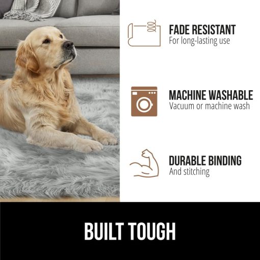 Tapete de Piel Sintetica Esponjosa Gorilla Grip, 5x7, Lavable a Maquina, Alfombras Mullidas Suaves con Base de Goma, Alfombras Mimosas para Guarderia de Bebes, Dormitorio, Sala de Estar, Moqueta de Pelo Largo, Decoracion de Lujo para el Hogar, Gris Claro - Imagen 6