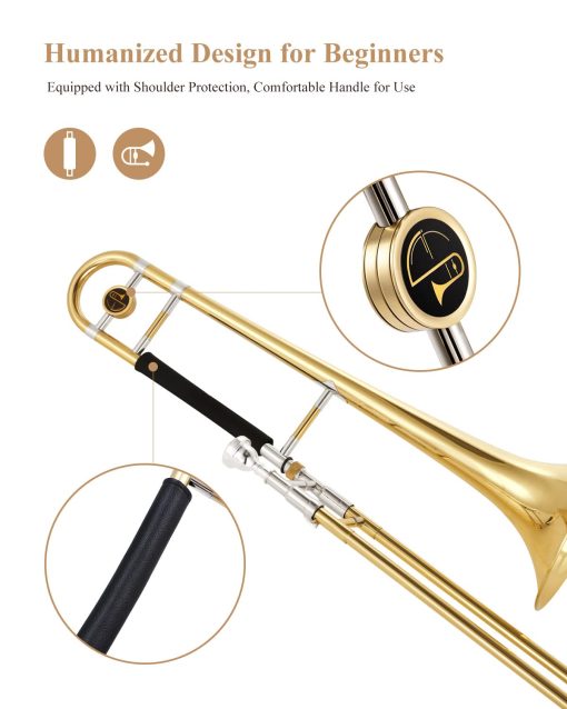 Trombon de vara para principiantes Eastar Bb Tenor, instrumento de trombon de laton B plano plateado con boquilla, guantes blancos, kit de limpieza, ETB-330, Dorado - Imagen 2