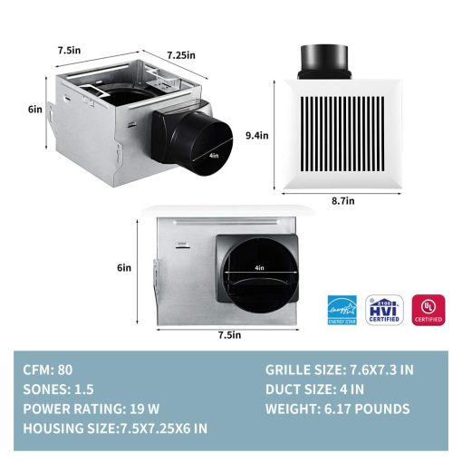 Extractor de aire y ventilador de bano de instalacion sin acceso al atico muy silencioso de 80 CFM, 1.5 Sone con sensor de humedad - Imagen 2