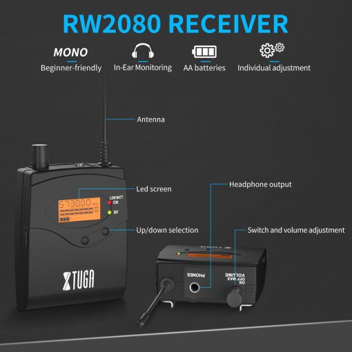 XTUGA RW2080 Sistema de Monitor Inalambrico de Oido Completo de Metal 2 Canales 4 Bodypack con en el Auricular Inalambrico Tipo Utilizado para Escenario o Estudio - Imagen 2