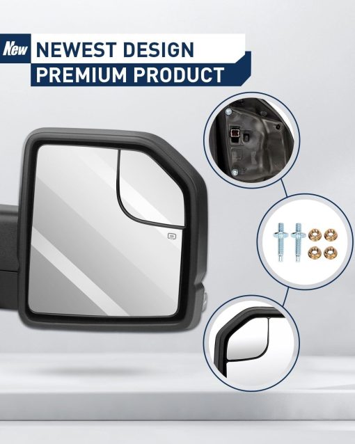 Espejos de remolque ECCPP para camionetas F150 PickUp 2015-2019 con ajuste electrico de potencia en lado izquierdo y derecho, calefaccion, luz de giro con carcasa negra, plegado manual y extension manual - Imagen 6