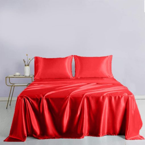 Conjunto de sabanas de seda satinada Rico Bedding con 19 pulgadas de bolsillo profundo - Juego de sabanas de lujo de hotel - 6 piezas - Bolsillos profundos - Transpirable y fresco - Sin arrugas - Confortable - Sabanas - (Cal Queen Rojo Sangre)
