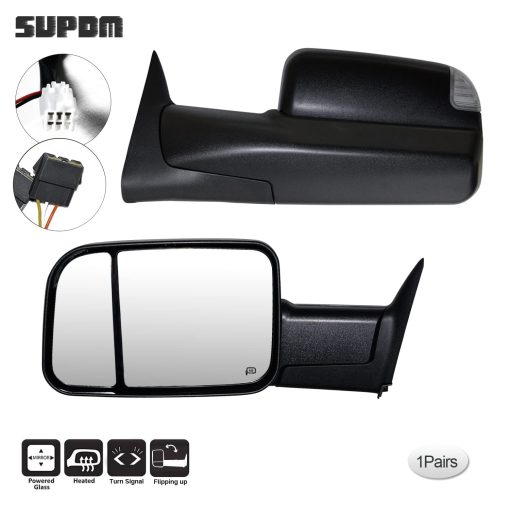 Espejos de Remolque COMPATIBLES con 94-01 Dodge Ram 1500, 94-02 Ram 2500 3500, Espejo Lateral del Camion con Luz de Giro, Potencia con Calefaccion, Carcasa Negra, Conjunto Izquierda + Derecha - Imagen 2