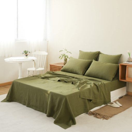 Juego de sabanas 100% Lino Simple&Opulence 4 piezas, Estilo Basico, Bolsillo Profundo, Lino Frances Lavado Natural Solido, Sabanas Suaves y Transpirables - Verde Oliva, Full - Imagen 8