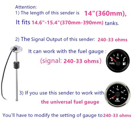 AODITECK 240-33 ohms 14"(360mm) Unidad de Envio de Combustible Marino para Barco Camion Coche Vehiculo Unidad de Envio de Combustible Unidad de Nivel de Combustible Indicador de Combustible Unidad de Envio de Agua Sensor de Nivel de Agua - Imagen 5
