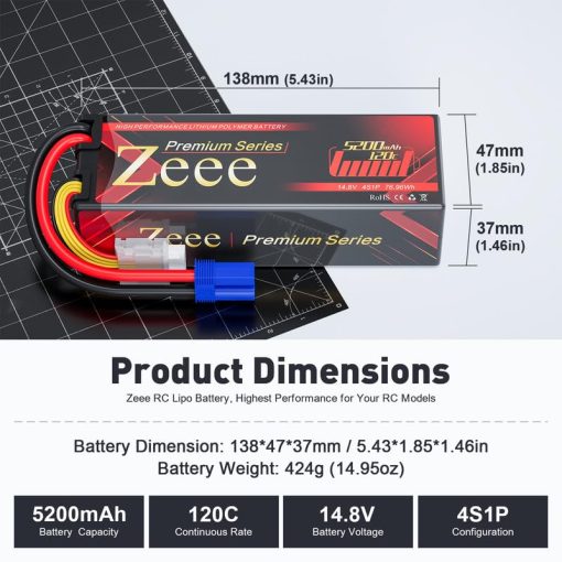 Bateria de Polimero de Litio Zeee Premium Series 4S 5200mAh LCG Estuche Duro Altura de la bateria 37mm 14.8V 120C con Conector EC5 para Coche RC Camion Tanque Buggy Truggy Modelos de Carreras (Paquete de 2) - Imagen 2