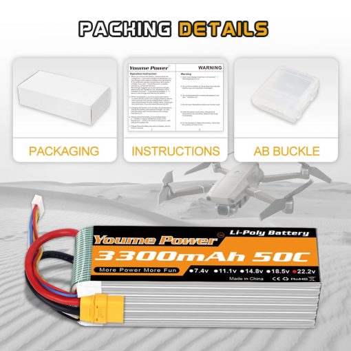 Bateria LiPo de 22.2V 3300mAh, Bateria Lipo 6S 50C XT90 Tapon para Avion RC Helicoptero RC Quadcopter Drone Coche Camion Barco Modelo (2 Paquetes) - Imagen 6