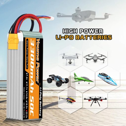 Bateria LiPo de 22.2V 3300mAh, Bateria Lipo 6S 50C XT90 Tapon para Avion RC Helicoptero RC Quadcopter Drone Coche Camion Barco Modelo (2 Paquetes) - Imagen 5