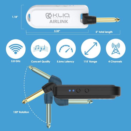 Sistema de Audio Inalambrico Recargable KLIQ Airlink 5.8 GHz diseñado para Guitarra Electrica, Bajo y otros Instrumentos Electricos - Set de Transmisor/Receptor Digital (Inalambrico 5.8G) - Imagen 4