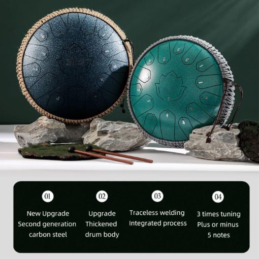 Konrisa Steel Tongue Drum 13 Pulgadas 15 Notas Do Mayor, Instrumentos Musicales de Percusion de Tambor de Acero Meditacion Yoga Zen Drum, Tambores Mano Pan para Adultos con Mazos de Tambor y Bolsa de Transporte (Verde) - Imagen 2