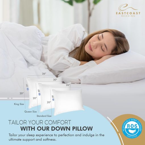 Almohada de plumas de primera calidad Elite Premium de East Coast Bedding - Tamano estandar Firme - Paquete individual - 600 Fill Power Plumas Blancas, Funda de algodon de 400 Hilos - Soporte mejorado para todos los durmientes - Hecho en EE. UU. - Imagen 2