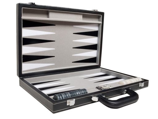 Set de Backgammon de Viaje - Piel Sintetica, Campo de Juego de Terciopelo - 15 pulgadas, Negro/Gris - Imagen 4