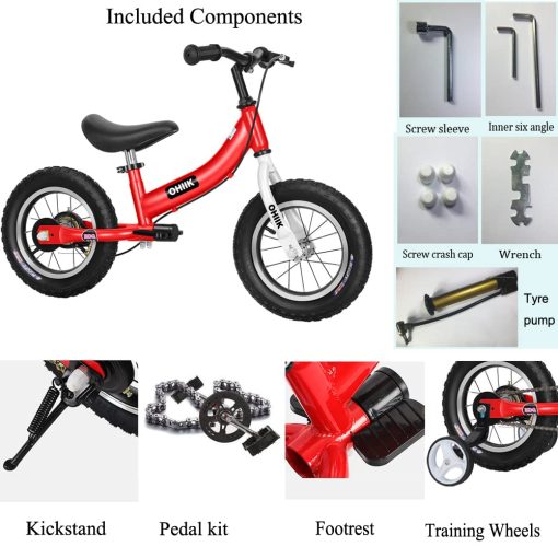 Bicicleta de Equilibrio OHIIK 2 en 1 para Ninos de 2 3 4 5 6 7 Anos, Bicicleta de Equilibrio a Pedales, Bicicleta de Ninos de 12 14 16 Pulgadas, con Kit de Pedales, Ruedas de Entrenamiento, Frenos (12 Pulgadas, Rojo) - Imagen 4