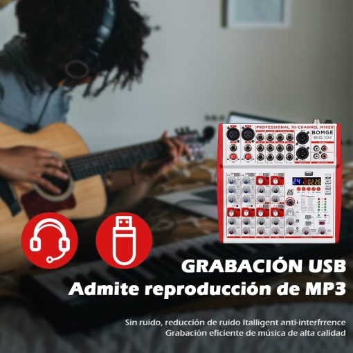 Mezcladora de sonido BOMGE de 10 entradas con preamplificadores de microfono y compresores, 24DSP, bluetooth, Alimentacion 48V, EQ britanico e Interfaz USB/Audio para grabacion, karaoke y podcast. (10M-10 Canales) - Imagen 4