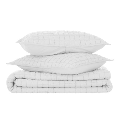 Set de Edredon Texturizado de Algodon Todo-El-Ano de Nate Home by Nate Berkus | Ropa de Cama Transpirable y Comoda de mDesign - Tamano Completo/Queen - 1 Edredon/2 Fundas de Almohada, Nieve (Blanco) - Imagen 2