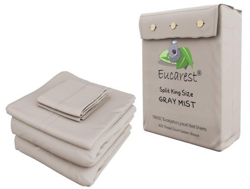 Juego de Sabanas Dividido Split-King de Eucalipto Lyocell, Hipoalergenicas 100% Organicas de Tencel, Regulacion Termica y Absorcion de Humedad para Personas Calurosas, Calidad de Hilo Superior, Bolsillos Extra Profundos - Gris