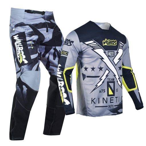 Conjunto de Jersey y Pantalones de Motocross Willbros para Adultos Traje de Moto MX Equipado para Fuera de la Carretera en Negro y Gris (Jersey S Pantalones 30) - Imagen 2