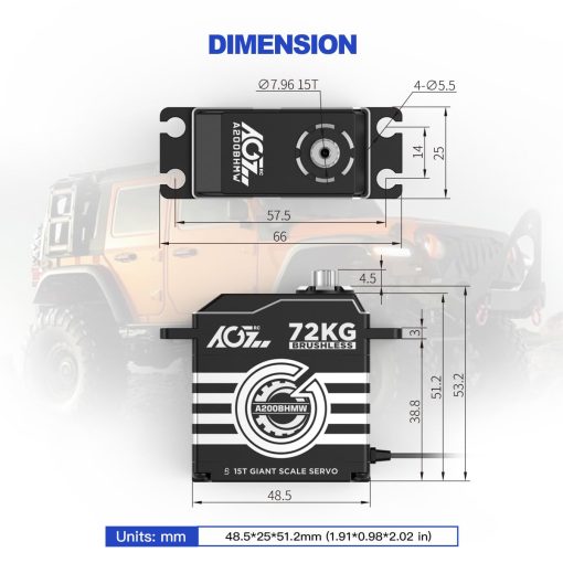 AGFRC 72KG Waterproof 1/6 RC-Servo-Motor de Alta Torque - 0.092Sec Alto Velocidad Brushless HV Engranaje Metalico Completo Direccion Digital Servo para Coche RC Escala 1/6 (A200BHMW) - Imagen 4