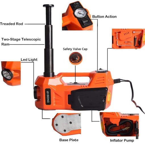 Kit de Reparacion de Llantas para Automoviles Multifuncional 3 en 1 KUNFINE 5 Toneladas Gato Electrico Elevador de Llantas Hidraulico Inflador de Aire de Jack de Piso para Automoviles Bomba de Inflado LED Llave de Impacto Electrica para SUV Baul Sedan Furgoneta - Imagen 4