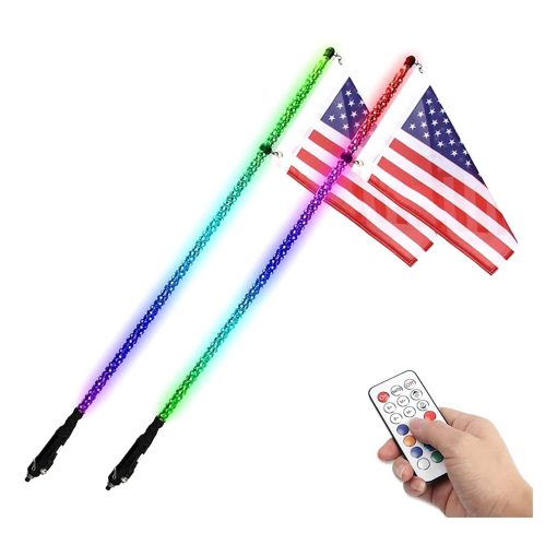 Luces de latigo LED de color de ensueño, señal de giro y freno y advertencia, control remoto, Antena de luz en espiral de baile de 360 grados, Paquete de 2PCS Luces de latigo LED RGB para UTV ATV RZR Fuera de carretera Camiones 4X4 Buggy Duna, 3FT