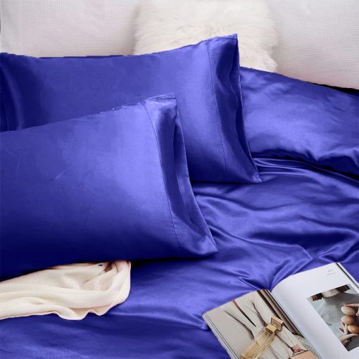 Juego de Sabanas de Seda Satinada Rico Bedding con Bolsillo Profundo de 19 Pulgadas - Juego de Sabanas de Lujo de Hotel - 6 Piezas - Bolsillos Profundos - Transpirables y Refrescantes - Sin Arrugas - Comodas - Sabanas de Cama - (Queen Azul Real) - Imagen 3