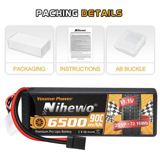 Bateria Lipo Nihewo 3S 2 Paquetes 11.1V 6500mAh Bateria Lipo RC 90C Caja Dura con Conector TR Compatible con Arrma HPI 1/8 1/10 Camion RC Vehiculos Coche Truggy Buggy Tanque Hobby - Imagen 6