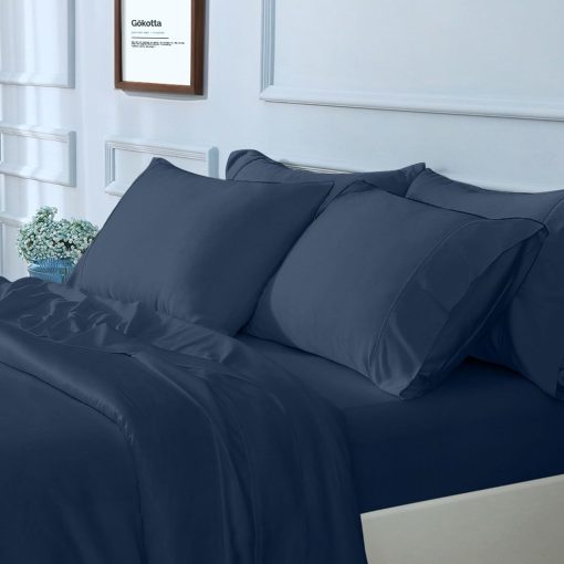 Juego de sabanas King Size GOKOTTA de 6 piezas, 100% Bambu Viscosa, Frescas para los que duermen calientes - Sabanas suaves y transpirables de lujo, Sabana Ajustable de 16" con Correas Elasticas en las Esquinas, Azul Marino