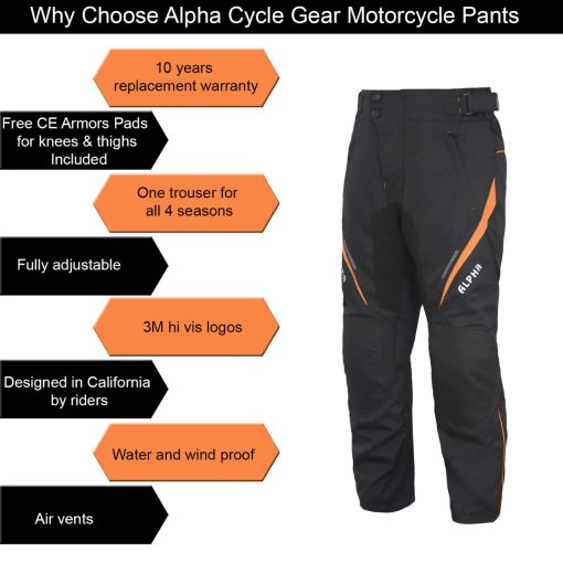 Pantalones de Moto para Todas las Temporadas para Hombre Motocross Offroad Overpants Touring Aventura Dual Enduro Impermeables con Armadura CE (NARANJA, Cintura 42"-44" Entrepierna 34") - Imagen 3
