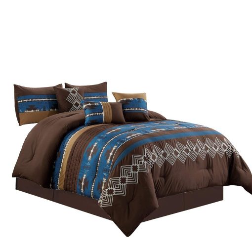 Juego de 7 Piezas de Edredon Tamaño King con Diseño Nativo Americano del Suroeste Occidental en Azul Marino Cafe Marron Cama en Bolsa Ropa de Cama - Makala (Azul Marino, King)