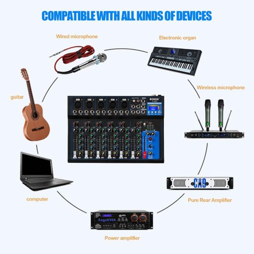 Mezclador de Audio Portatil Bluetooth BOMGE K7 con Consola de Mezcla de Sonido USB MP3 Estereo 48V para Grabacion de PC, Mezcladoras de 4/7 Canales para Estudio de DJ (7 Canales) - Imagen 2