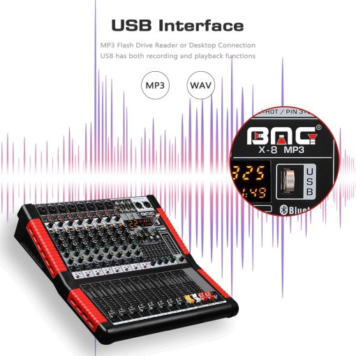 Mezcladora de Audio Profesional BOMGE X-8 de 8 Canales Consola de Mezcla 8 Entradas de Microfono / Linea Interfaz USB/MP3/Bluetooth Entrada 48V Phantom Power 24 FX DSP Para PC, Grabacion de Estudio, Actuacion en Vivo - Imagen 8
