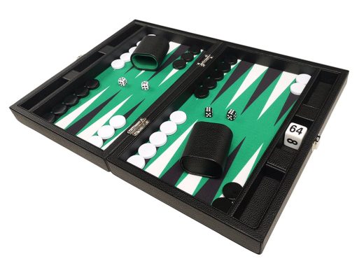 Tablero de backgammon premium de 13 pulgadas - Tamaño de viaje - Tablero negro, superficie de juego verde, puntos negros y blancos - Imagen 4